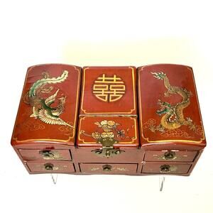 Vintage Red Lacquer Box w/ Dragon & Phoenix, Mirror & Chinese Print Lining